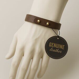 2/$30 Men's Brown Genuine Leather Bracelet – Adjustable Cuff w/ Gold Stud Detail